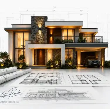 Visualização do projeto completo com fachada e planta baixa