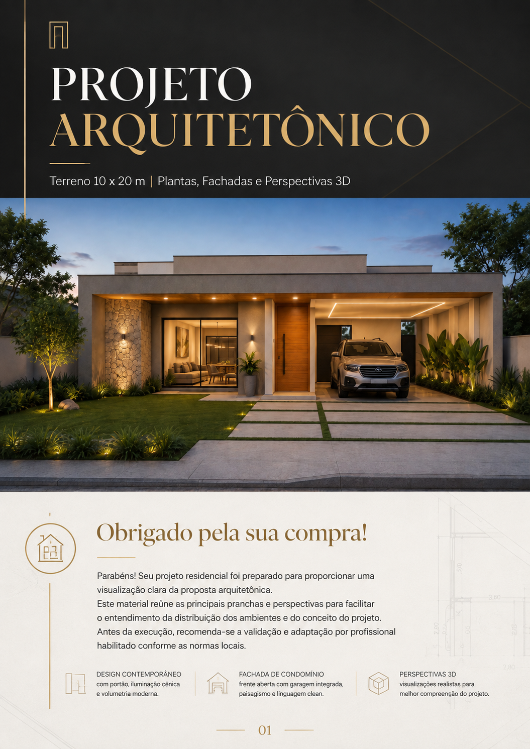 Capa do projeto arquitetônico para terreno 10 x 20 m